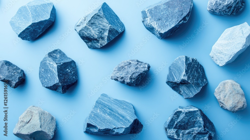Poster minimalist design of blue geometric stones and rocks arranged artfully on a clean surface, creating 