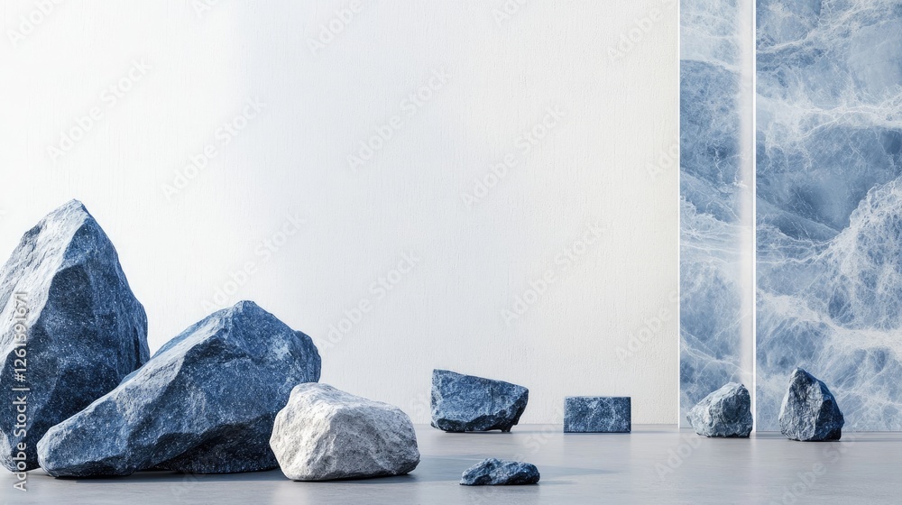 Poster minimalist design of blue geometric stones and rocks arranged artfully on a clean surface, creating 