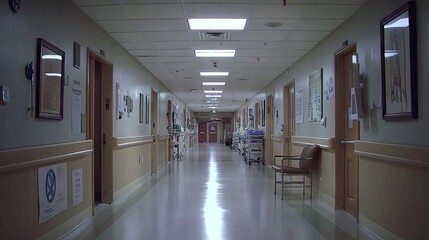 Obraz premium A bright, sterile hospital corridor with soft natural lighting.