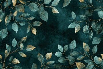 A dark green forest mural with metallic gold accents forming elegant leaf and branch patterns, perfect for a refined interior setting. 