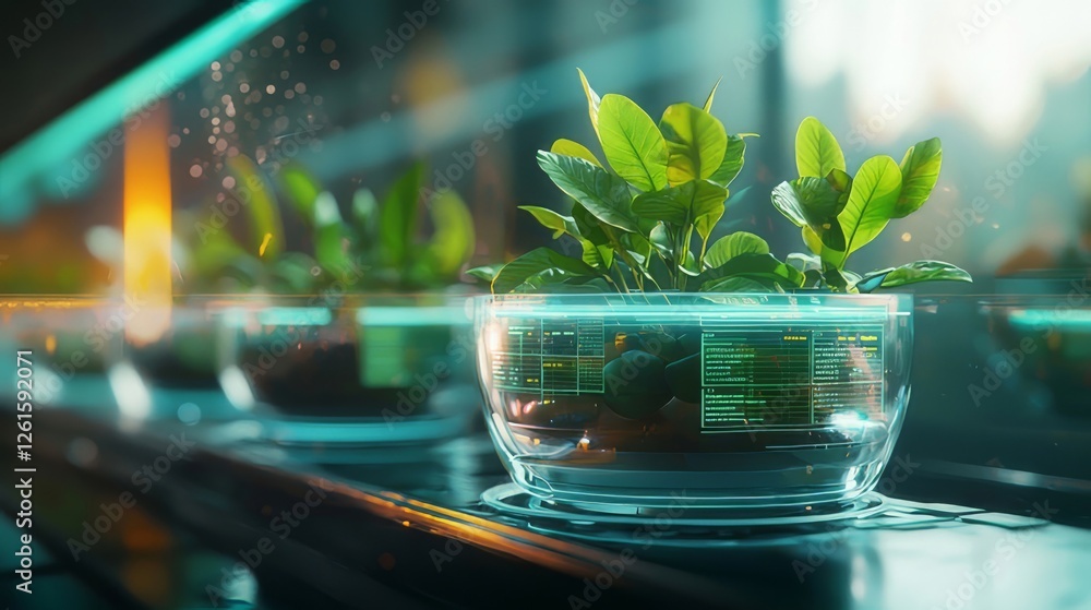Poster futuristic ai system analyzing food ingredients in transparent bowl with digital data display