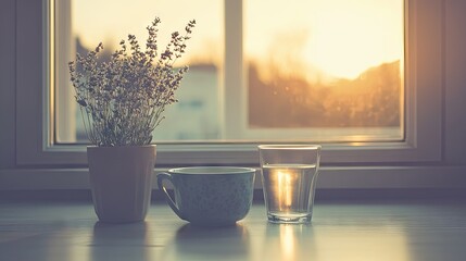 A clean workspace with a cup of herbal tea and a glass of water side by side.