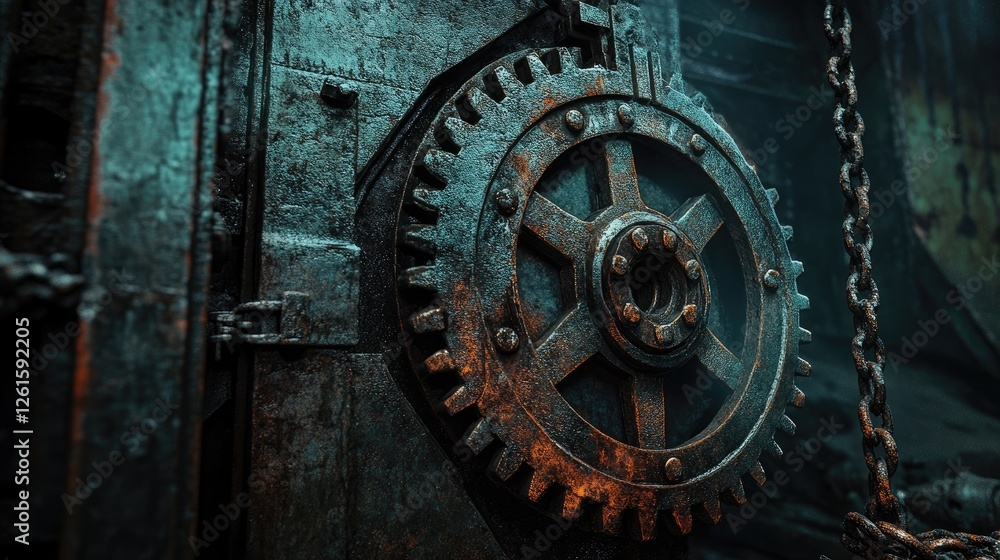 Poster rusted gears and chains in an old industrial space, with dynamic lighting and an atmospheric perspec