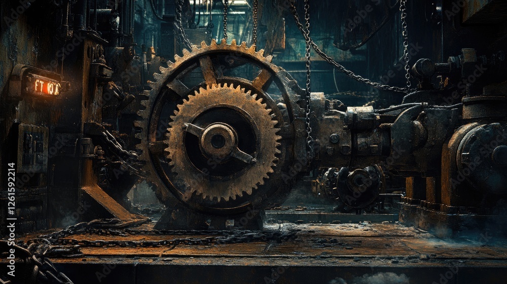 Poster rusted gears and chains in an old industrial space, with dynamic lighting and an atmospheric perspec