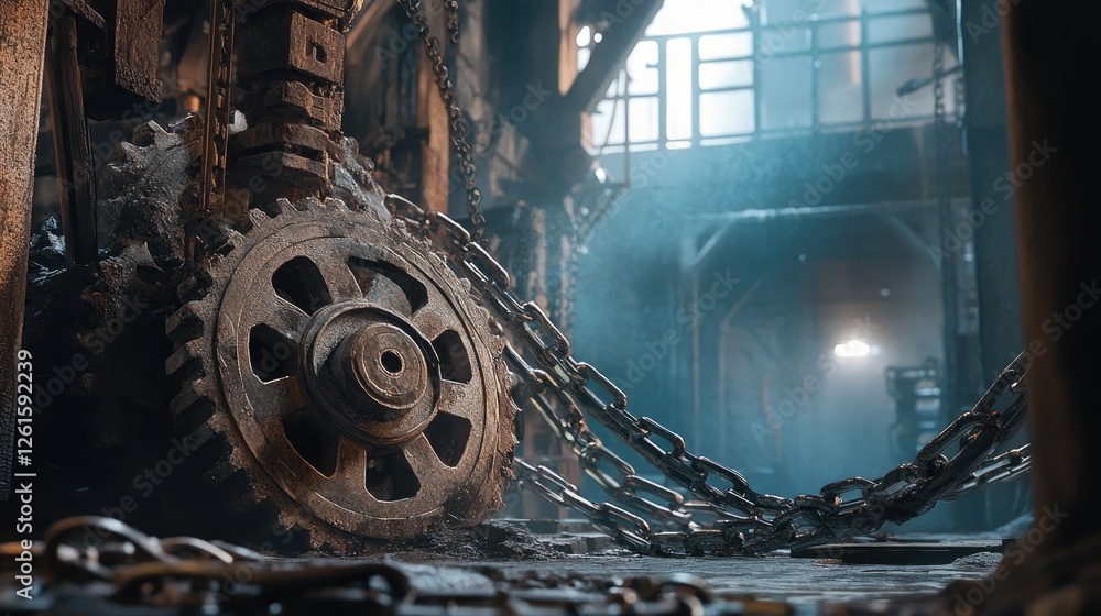 Poster rusted gears and chains in an old industrial space, with dynamic lighting and an atmospheric perspec