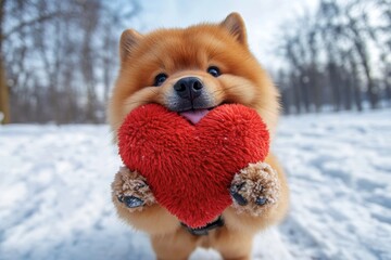 Chow - my preferred dog, symbol of friendship. Ad campaign critter idea. Cute chow pup with fluffy red heart on a walk in a winter garden. Valentineâ€™s day pet cuddling moment.