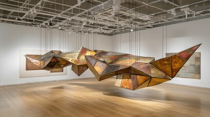 Abstract metal sculpture hanging in a modern art gallery with minimalist decor and artwork