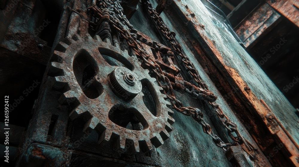 Poster rusty gears and chains in an abandoned industrial setting, with dramatic lighting and an atmospheric