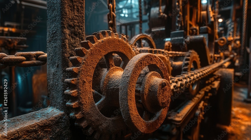Aufkleber rusty gears and chains in an abandoned industrial setting, with dramatic lighting and an atmospheric