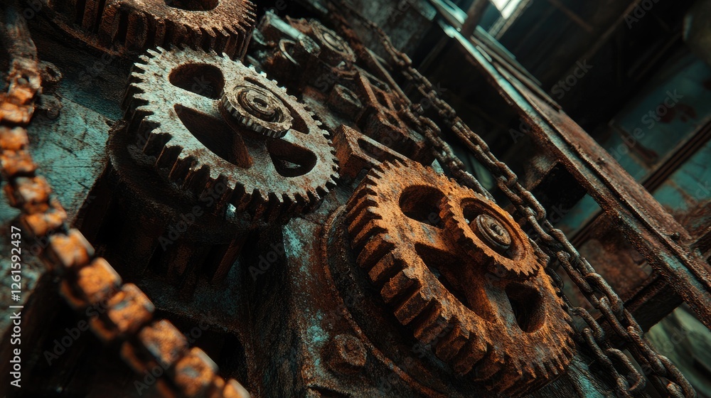 Poster rusty gears and chains in an abandoned industrial setting, with dramatic lighting and an atmospheric