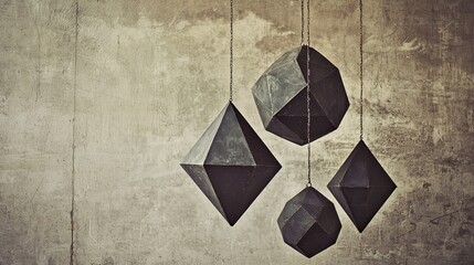Abstract geometric shapes suspended against a textured concrete wall, creating a modern artistic ambiance