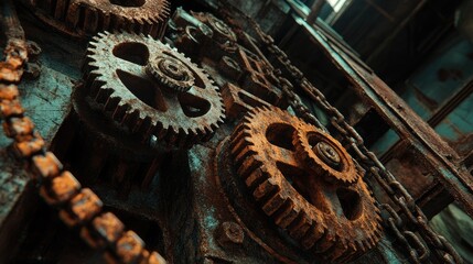 Rusty gears and chains in an abandoned industrial setting, with dramatic lighting and an atmospheric perspective creating a moody and eclectic scene