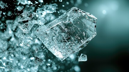 A close-up view of a shattered ice cube suspended in mid-air with a soft focus background