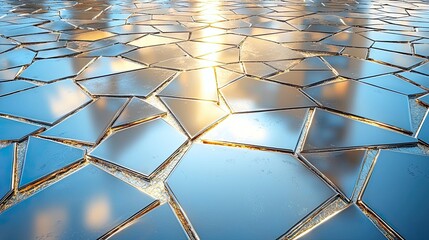 Reflective mosaic of cracked ice formations under a golden sunset, showcasing nature's beauty