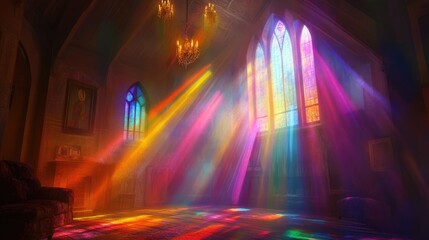 Fototapeta premium Soft yet vibrant beams of multicolored light fill a dimly lit room, giving it a cozy, magical glow that evokes a sense of warmth and wonder