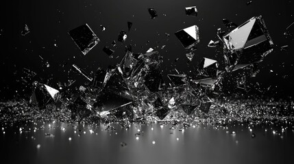 Abstract shattered glass pieces creating a dynamic explosion effect against a dark background