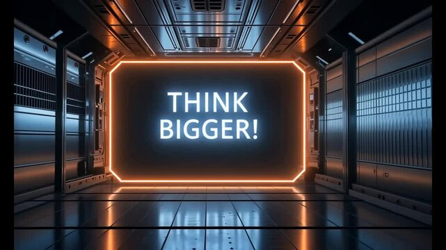 Futuristic corridor neon sign think bigger motivation