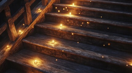 Naklejka premium A cozy wooden staircase with a rustic design and soft lighting.