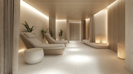 minimalist hospital room with neutral decor and soft lighting