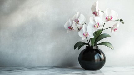 Stunning orchids and lilies in a black vase on a marble counter, surrounded by serene minimalist decor, creating an atmosphere of luxury and tranquility