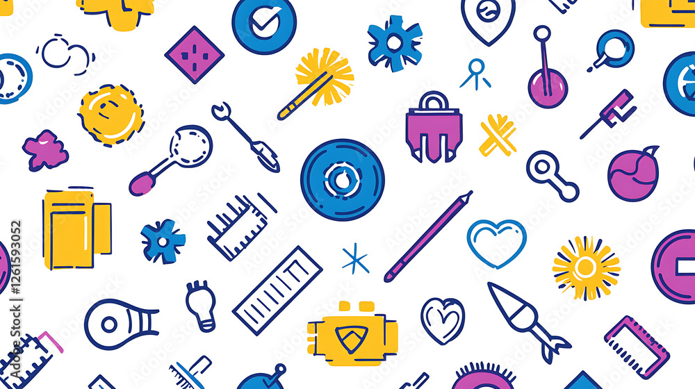 Aufkleber colorful hand drawn seamless pattern with assorted objects on white background design illustration