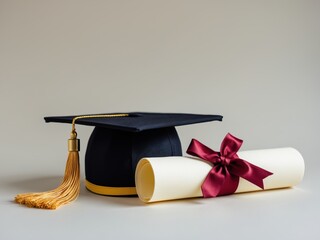 Graduation Cap Diploma and Burgundy Ribbon