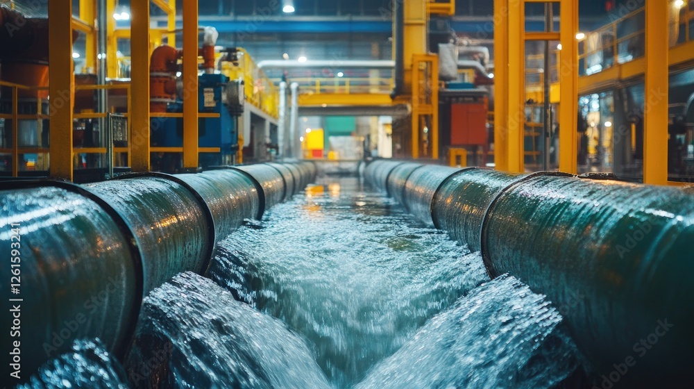 Aufkleber The inside view of a pipe with swirling water, surrounded by colorful machinery in the background, creating an innovative and dynamic atmosphere of modern industry