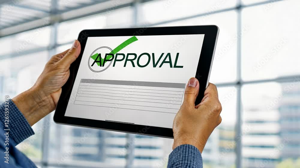 Poster approval message on a tablet in an office setting