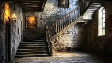 Obraz premium A dramatic, dimly lit staircase in an old castle with stone walls.