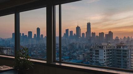 Fototapeta premium Modern Minimalist Bedroom Interior with Simple Furniture Bright Sunlight and a View of the Urban City Buildings Modern Interior Design Inspiration
