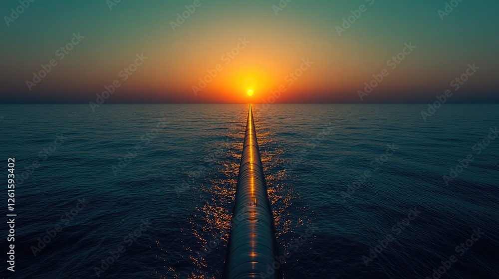 Poster the vast horizon with an oil pipeline extending into the sea as the sun sets, capturing the signific