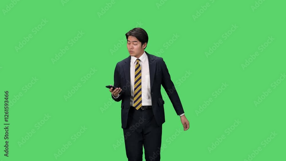 Aufkleber スマホを使いながらダンスする男性ビジネスパーソン　クロマキー合成用グリーンバック映像