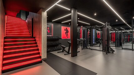 A flight of stairs in a modern gym with motivational posters on the wall.
