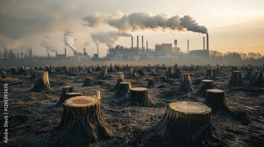 Poster tree stumps scattered in a deforested area, with a factory in the background releasing pollution int