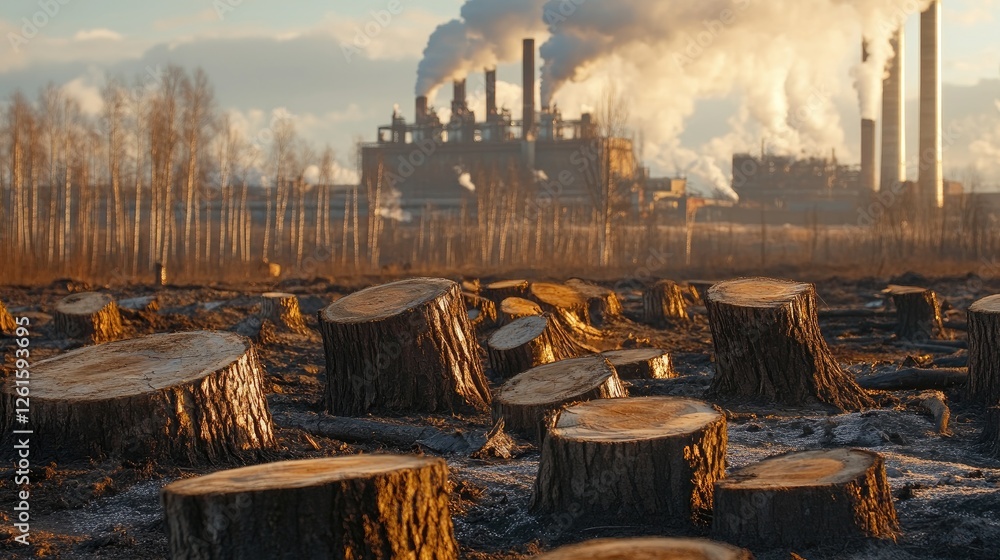 Poster tree stumps scattered in a deforested area, with a factory in the background releasing pollution int
