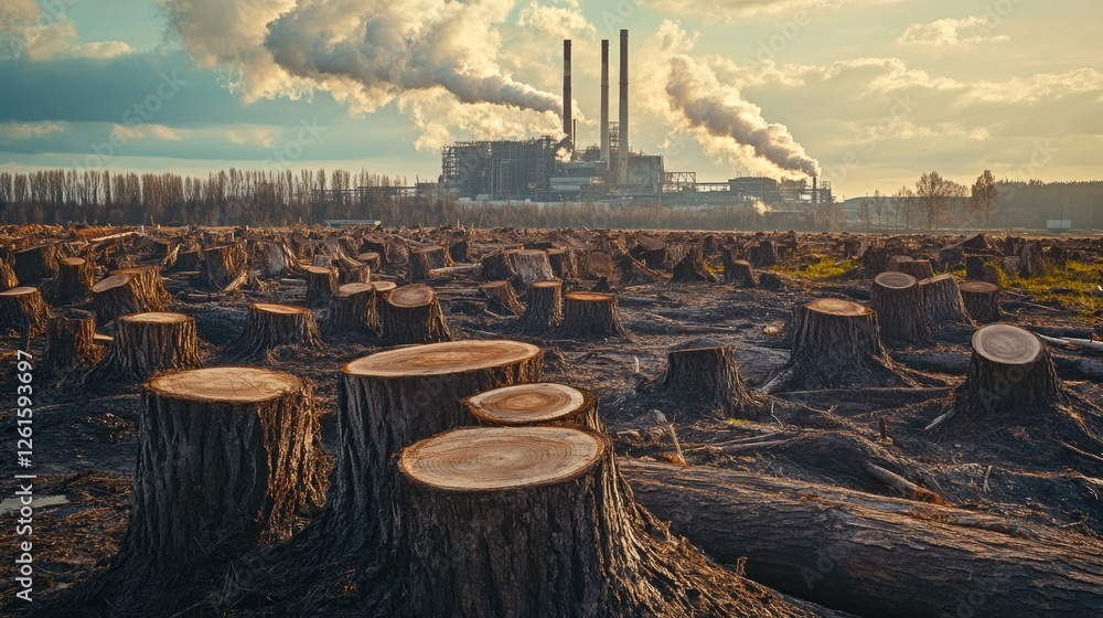 Poster tree stumps scattered in a deforested area, with a factory in the background releasing pollution int