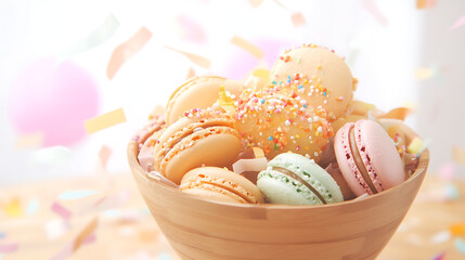 Colorful Macarons Delightful Sweet Treat Assortment in a Rustic Wooden Bowl Confetti Celebration