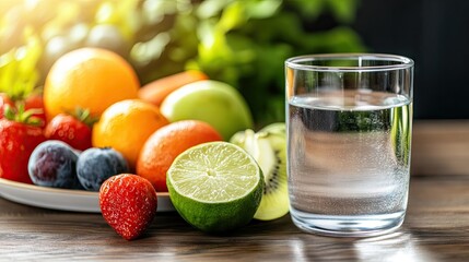 Fototapeta premium A glass of water placed next to a plate of healthy food on a wooden dining table.