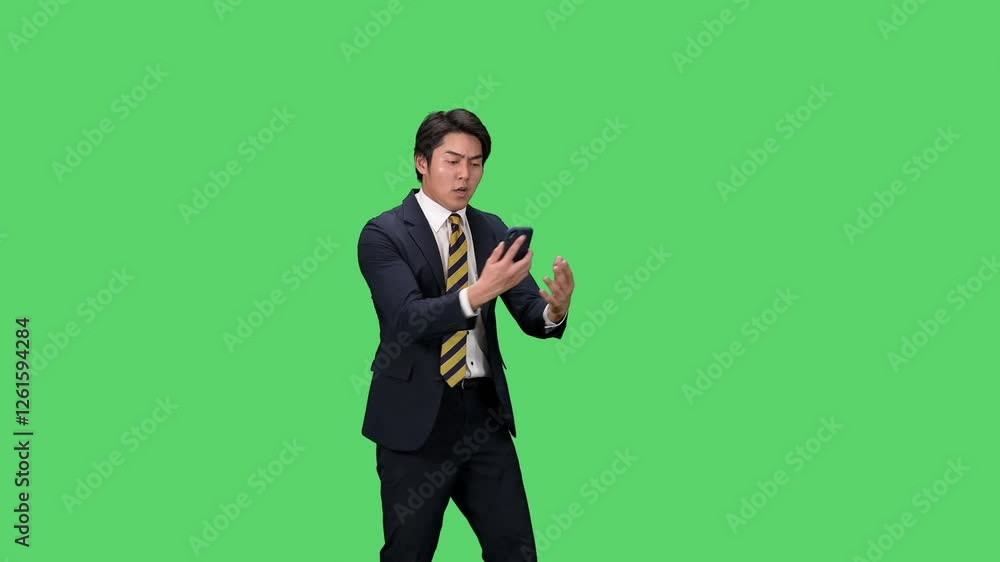 Aufkleber スマホを使いながらダンスする男性ビジネスパーソン　クロマキー合成用グリーンバック映像