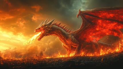 Golden Dragon Standing in a Blazing Inferno