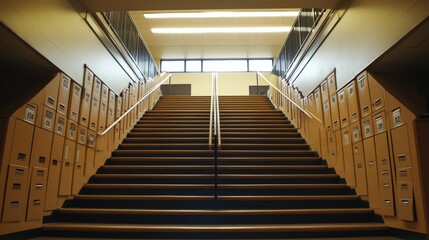 A high school staircase with lockers on both sides and soft lighting.
