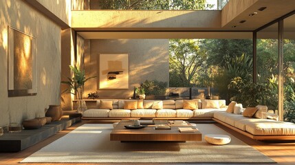 Fototapeta premium Sun-Kissed Tranquility, A Luxurious Modern Living Room Blurring the Lines Between Indoors and Nature's Embrace
