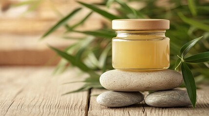 A jar of coconut oil placed next to a stack of smooth river stones.