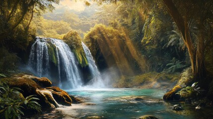Lush Jungle Waterfall Serenity, Sunlit Pool, Tropical Paradise, Nature Escape