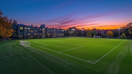 Vibrant sunset over a soccer field with modern buildings in the background and autumn trees