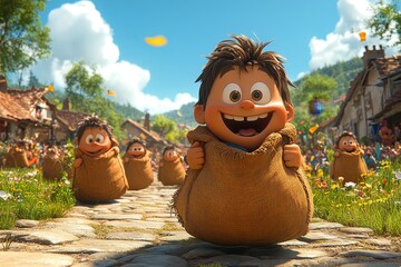 Boy sack race, village festival, sunny day