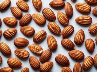 Many Almonds Arranged on Light Blue Background