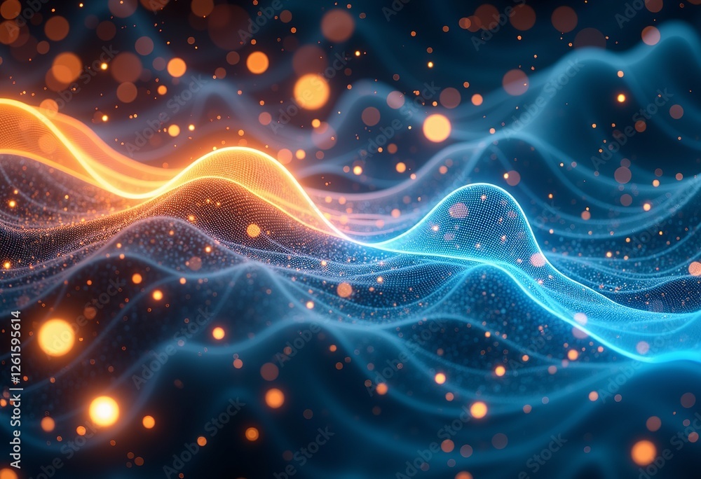 Poster seamless data migration: files transforming into glowing binary code and streaming into a digital cl