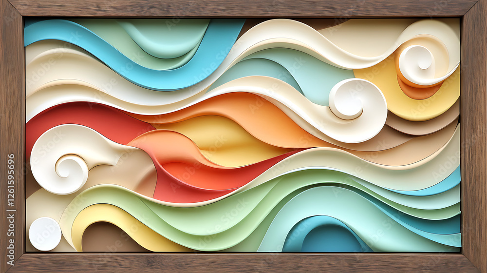 Poster colorful waves sculpture in wood frame artistic 3d rendering with abstract design and smooth surface