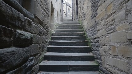 A narrow stone staircase in a charming European alleyway.